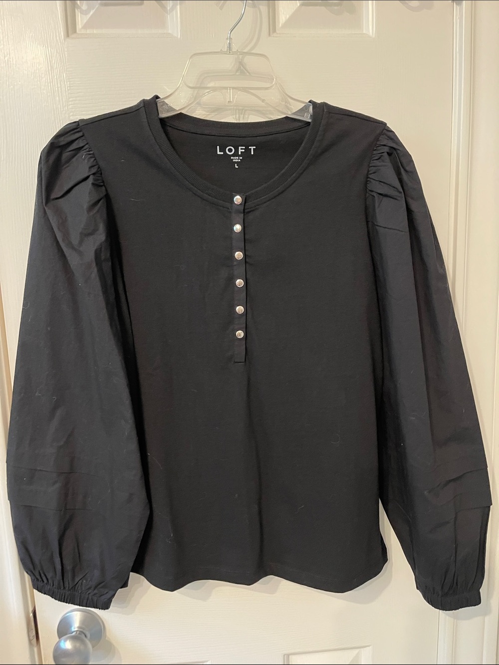 LOFT Black Button-Front Puff Sleeve Henley Top
